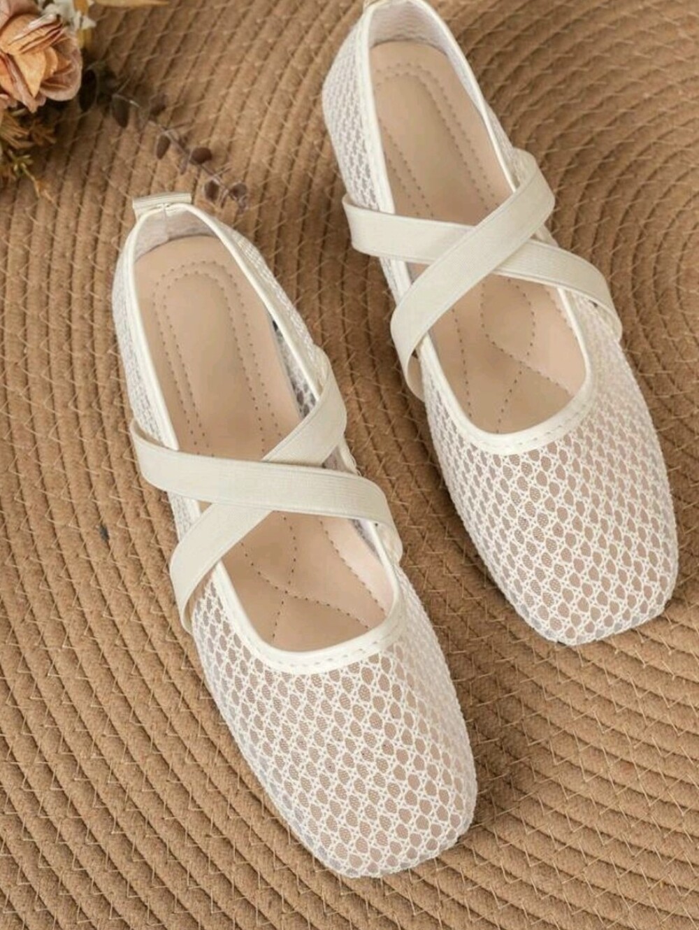 Mary Jane Cream Mesh Cross-Strap Flats.